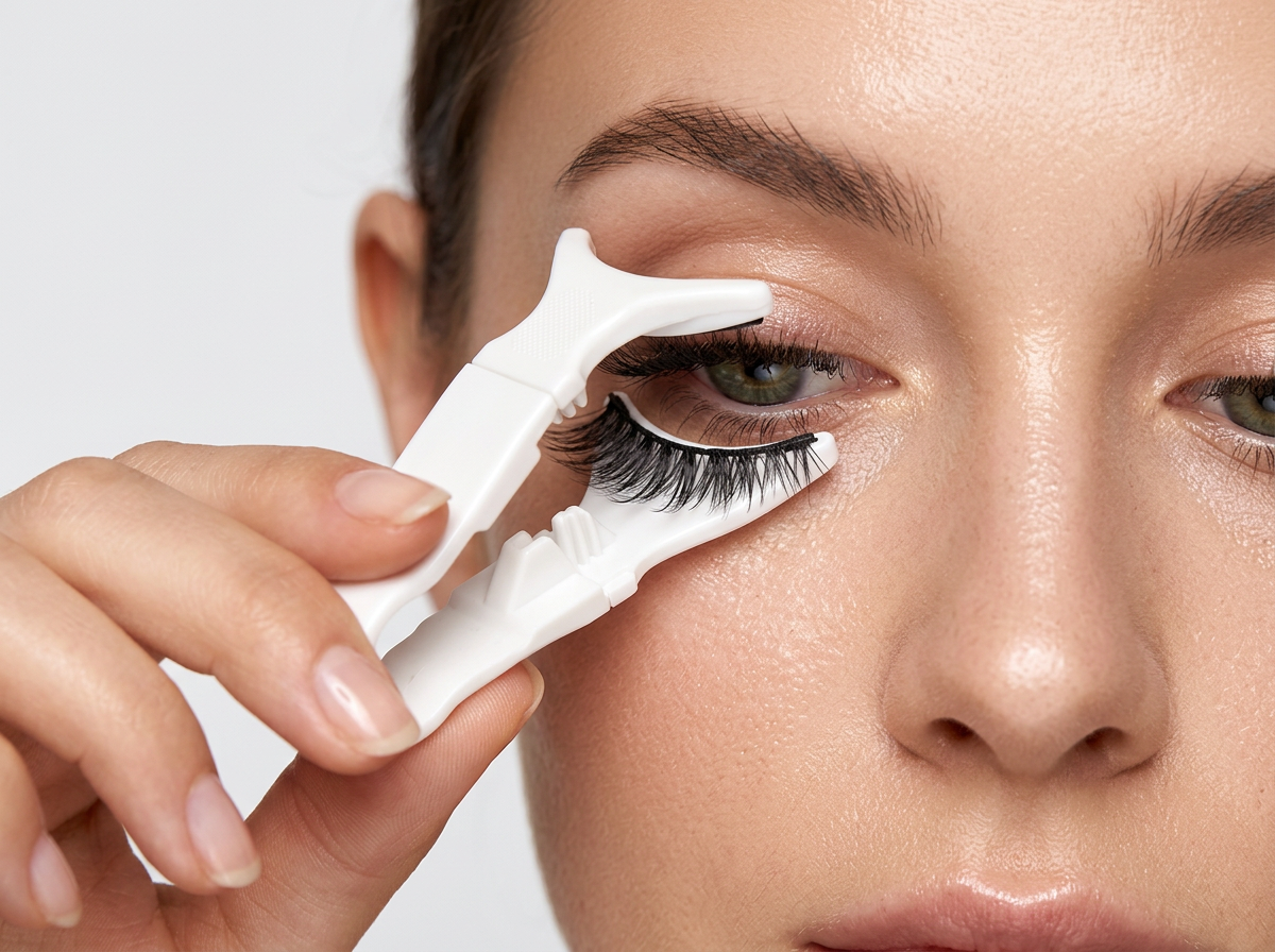 Clipping the magnetic lashes on at the lash line with the applicator