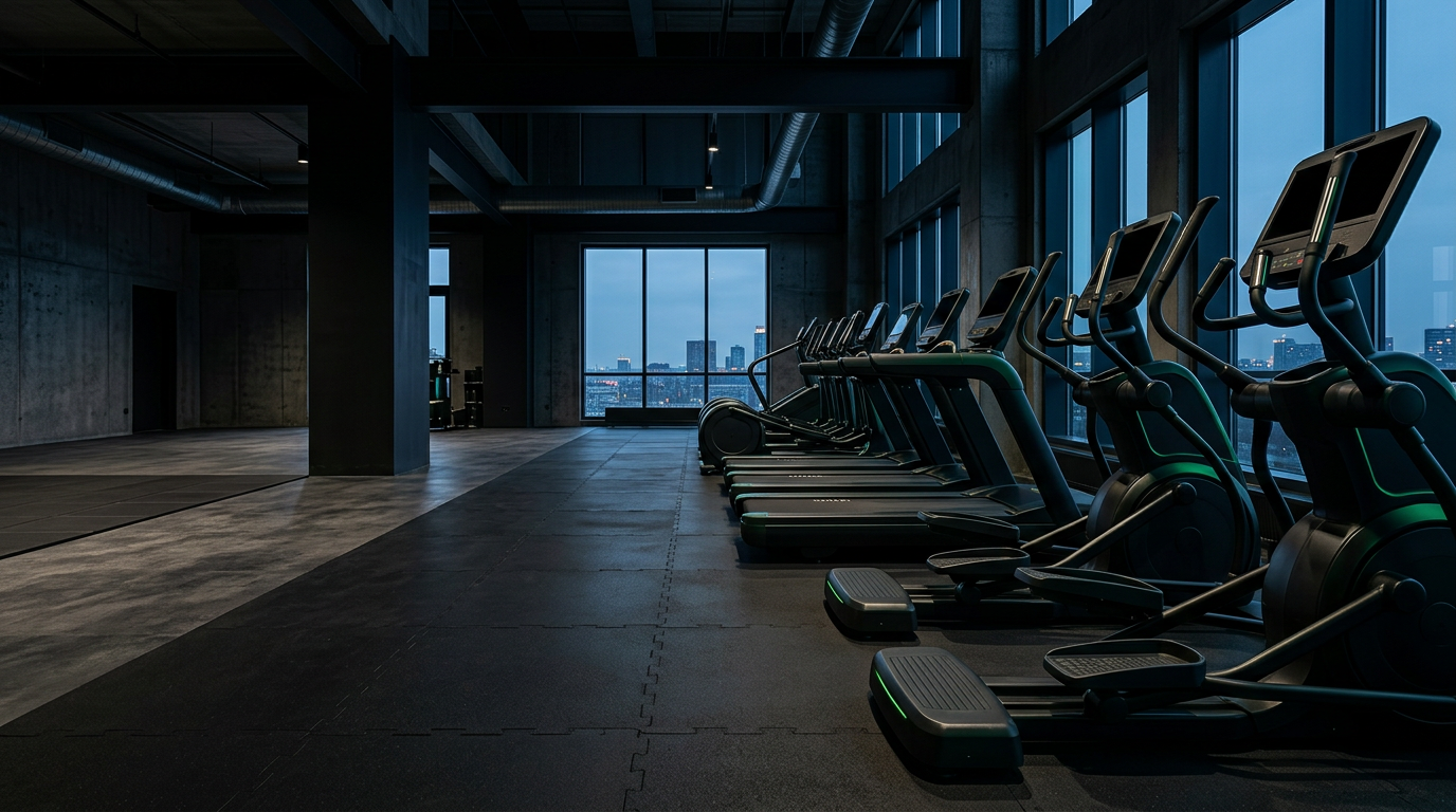 Row of commercial treadmills and ellipticals in a dimly lit premium gym