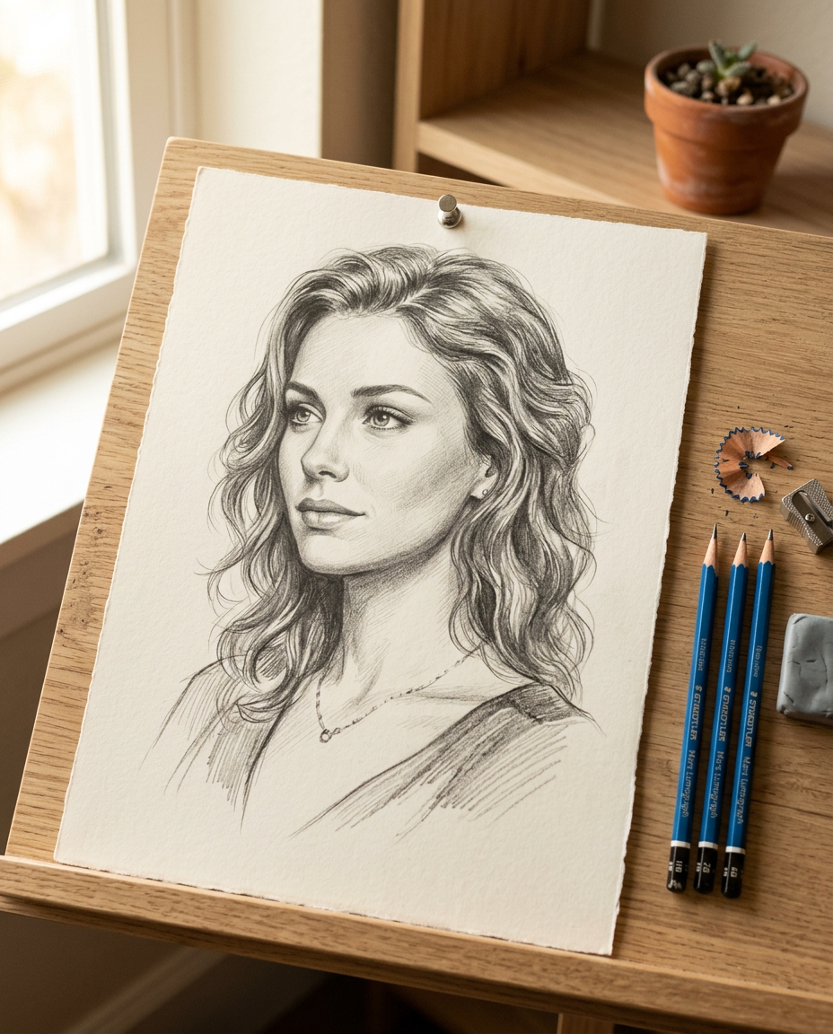 A finished pencil portrait of a woman on cream drawing paper