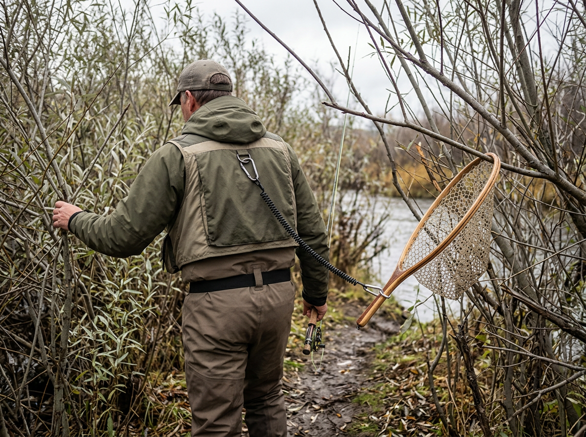 Landing net hanging loose from a generic coiled lanyard, caught on a willow branch as an angler pushes through brush