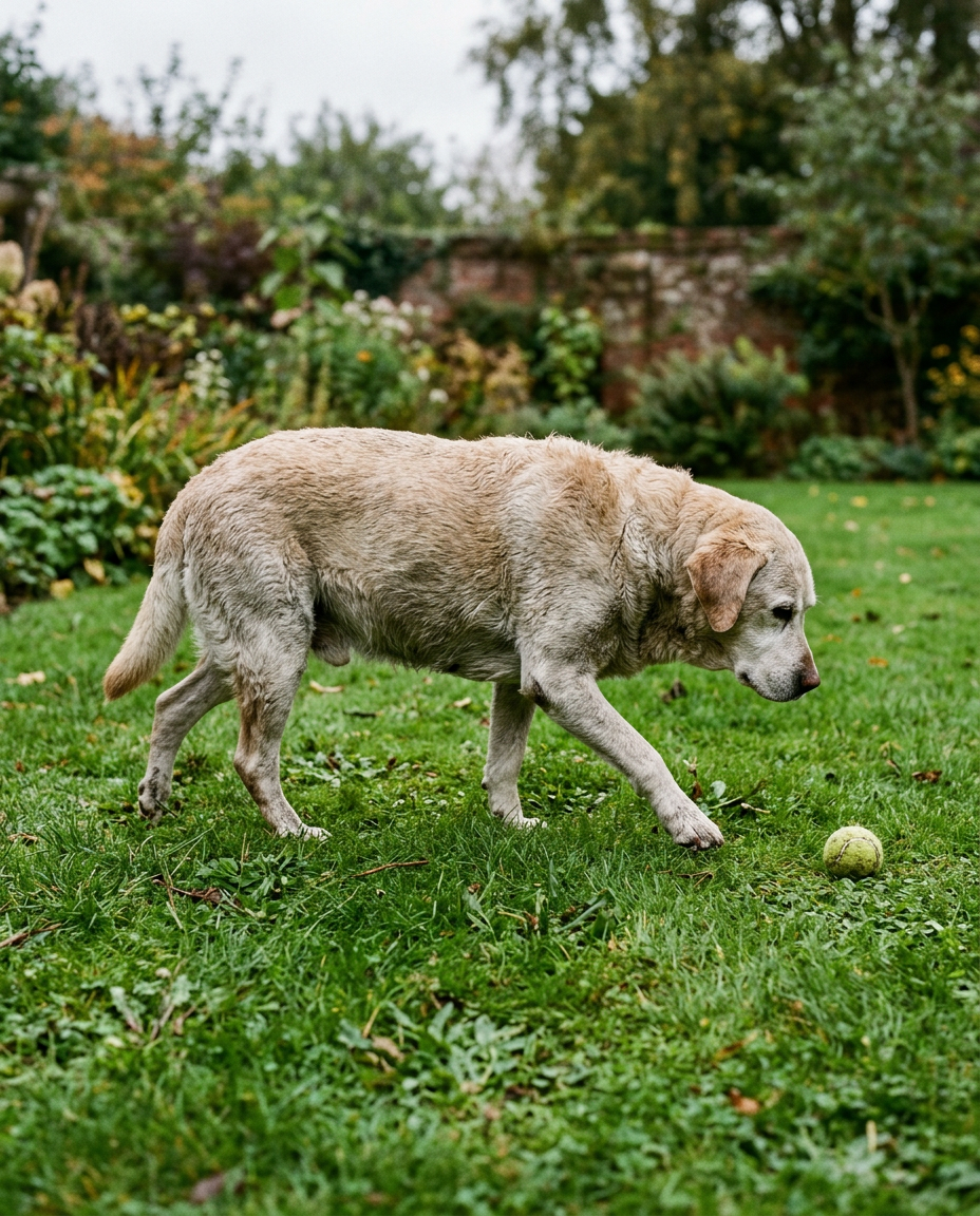 Prima: il Labrador anziano cammina sul prato a passi corti e rigidi, ignorando la pallina sull'erba