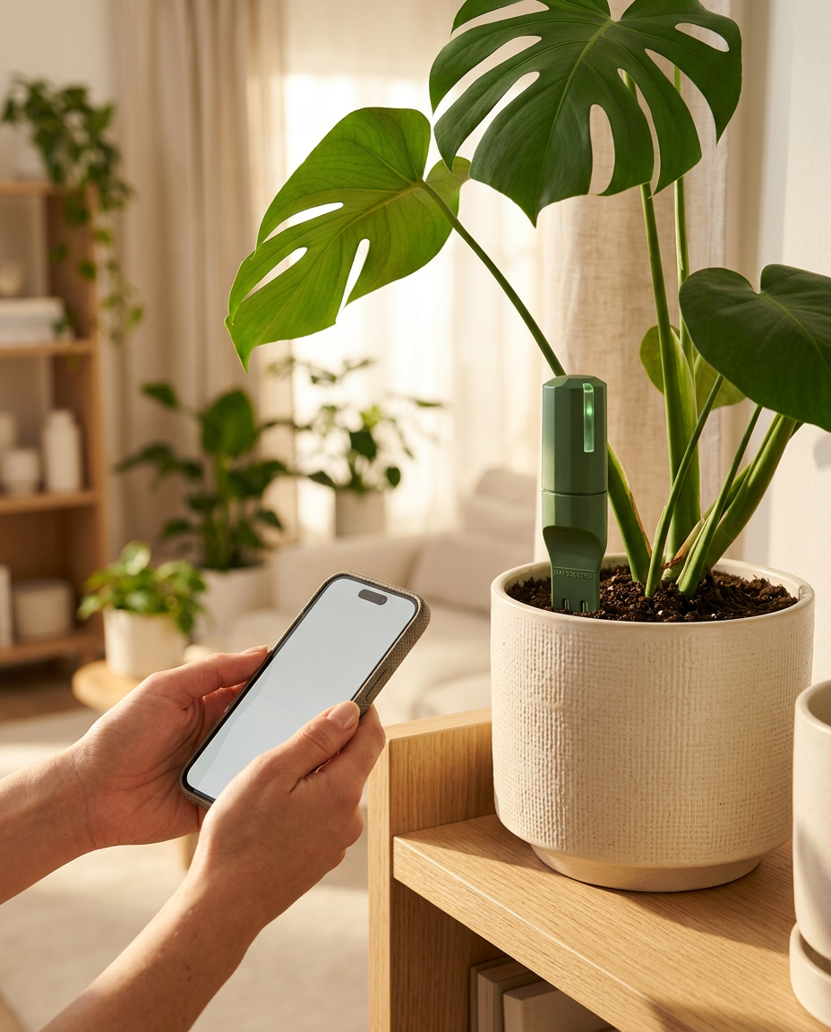 Hands holding a phone next to a monstera fitted with a Willow smart sensor in a sunlit room