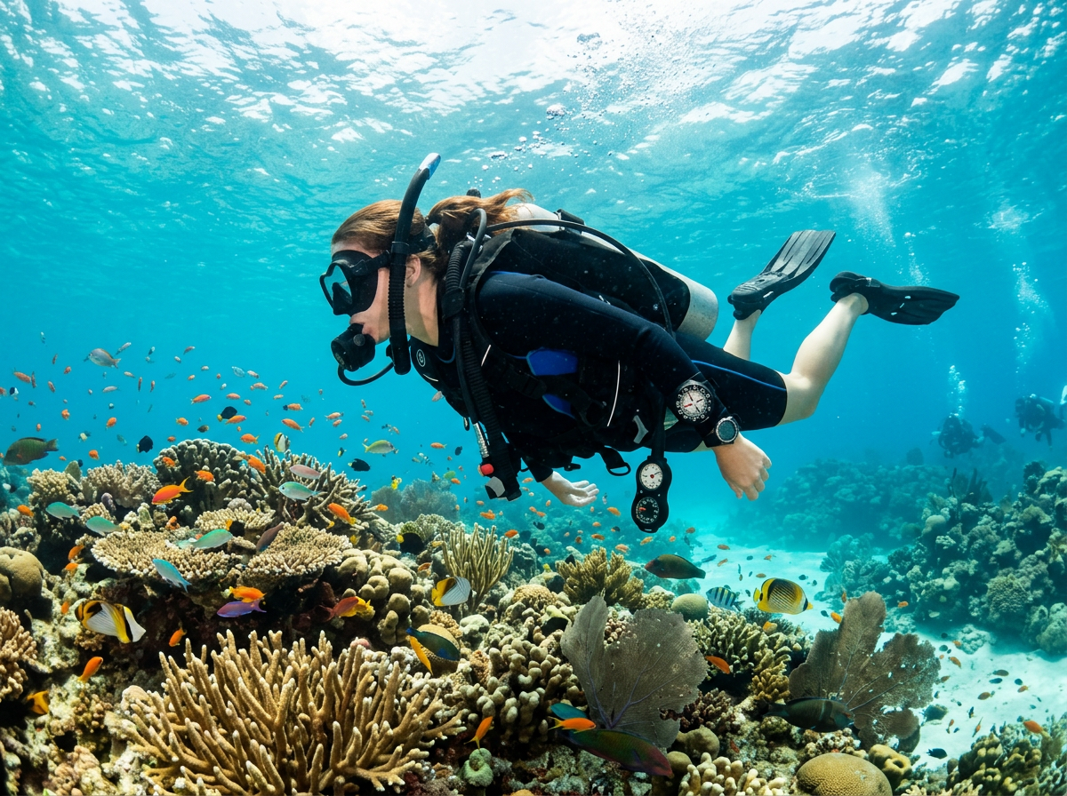 Diver gliding streamlined over a shallow tropical reef full of fish, console tucked to the chest