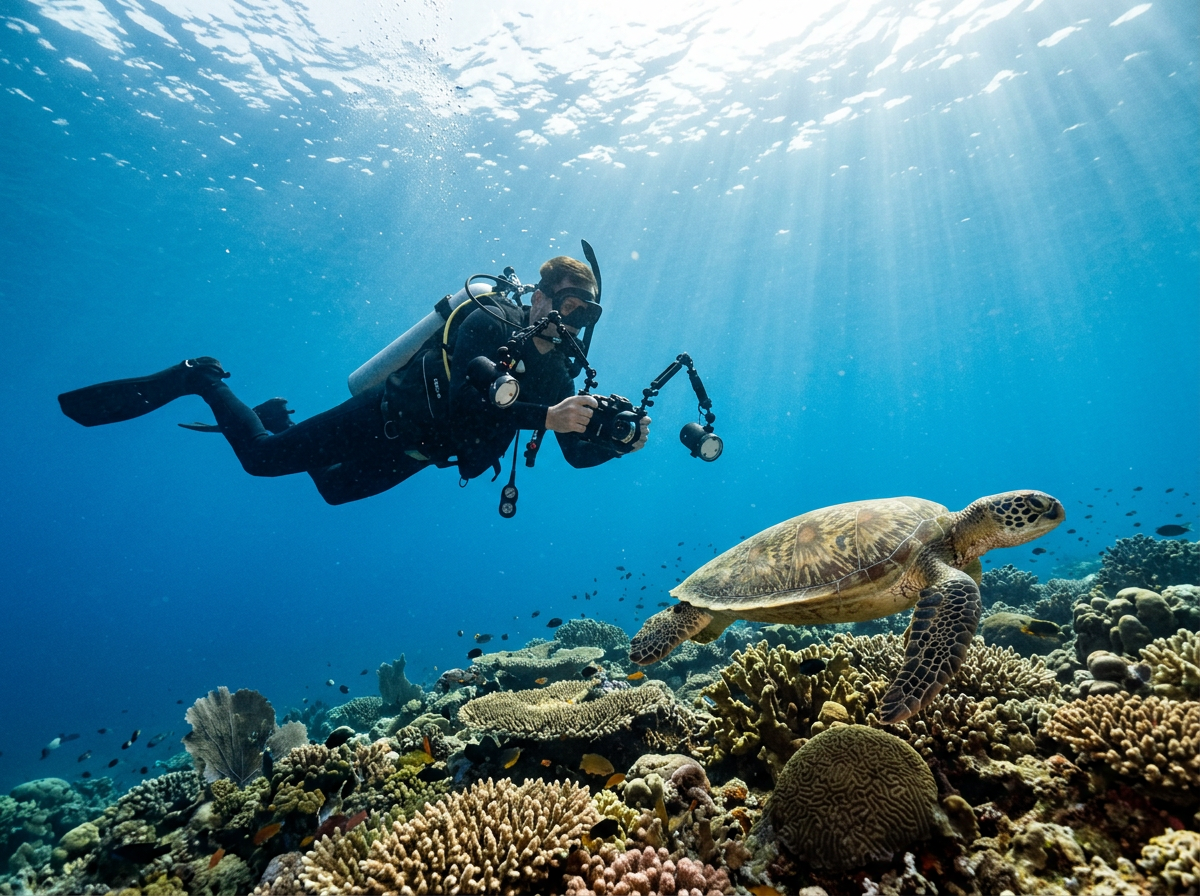 Underwater photographer with a camera housing and strobes framing a sea turtle over a coral reef