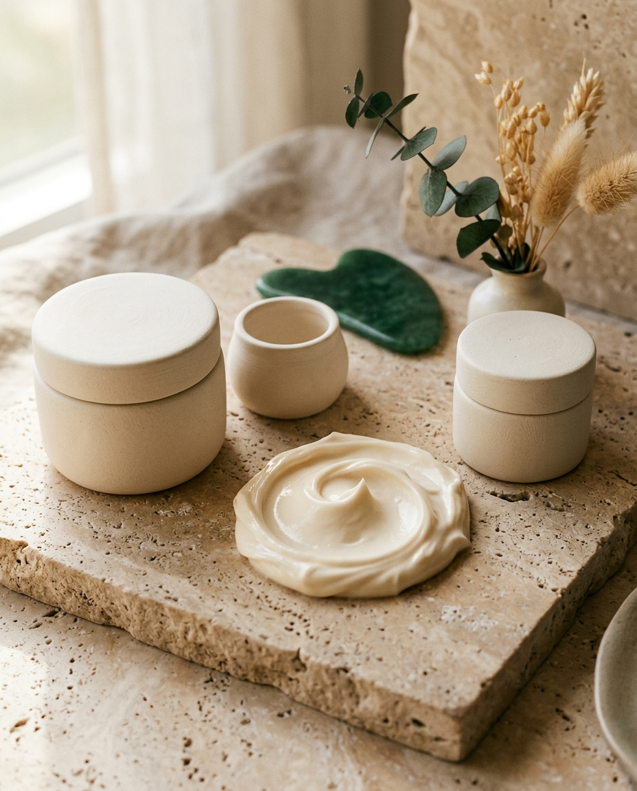 Unlabelled ivory ceramic skincare jars with a swirl of cream