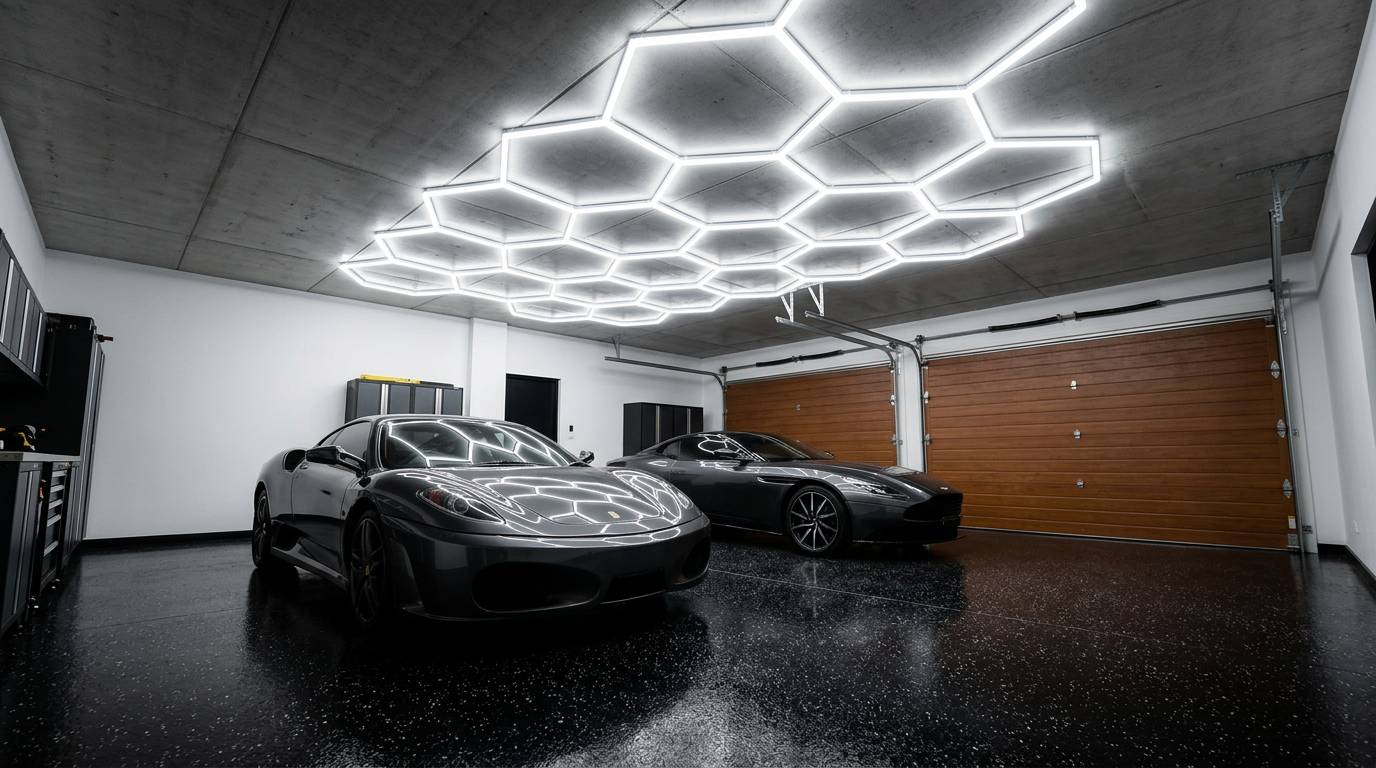 Double garage with two sports cars on an epoxy floor, lit by a Hexora hexagon grid ceiling