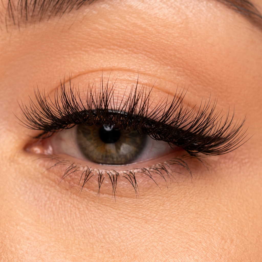 Close-up of the curly faux mink lash volume on the eye