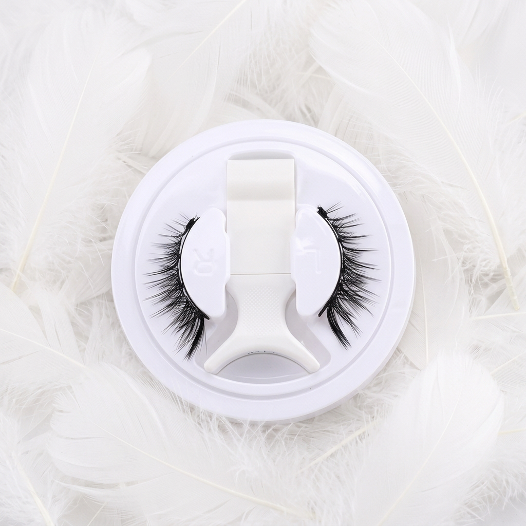 Lash case resting on soft white feathers
