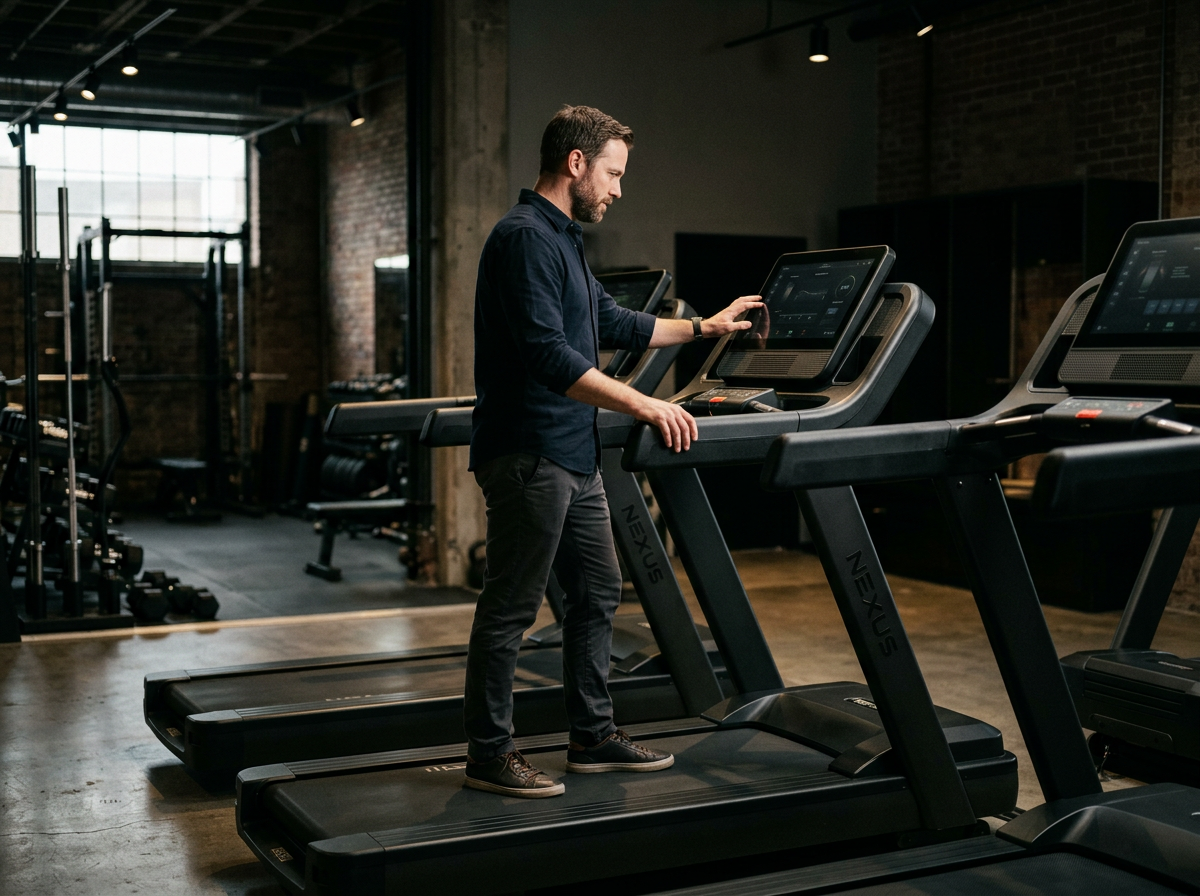 Customer comparing commercial treadmill consoles in a showroom