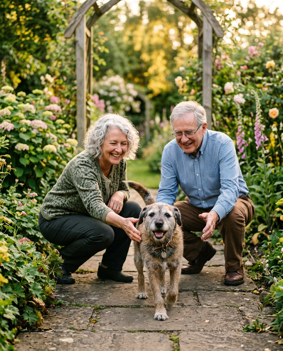 Una coppia di anziani in giardino si abbassa sorridendo per accogliere il proprio cane dal muso grigio che corre loro incontro