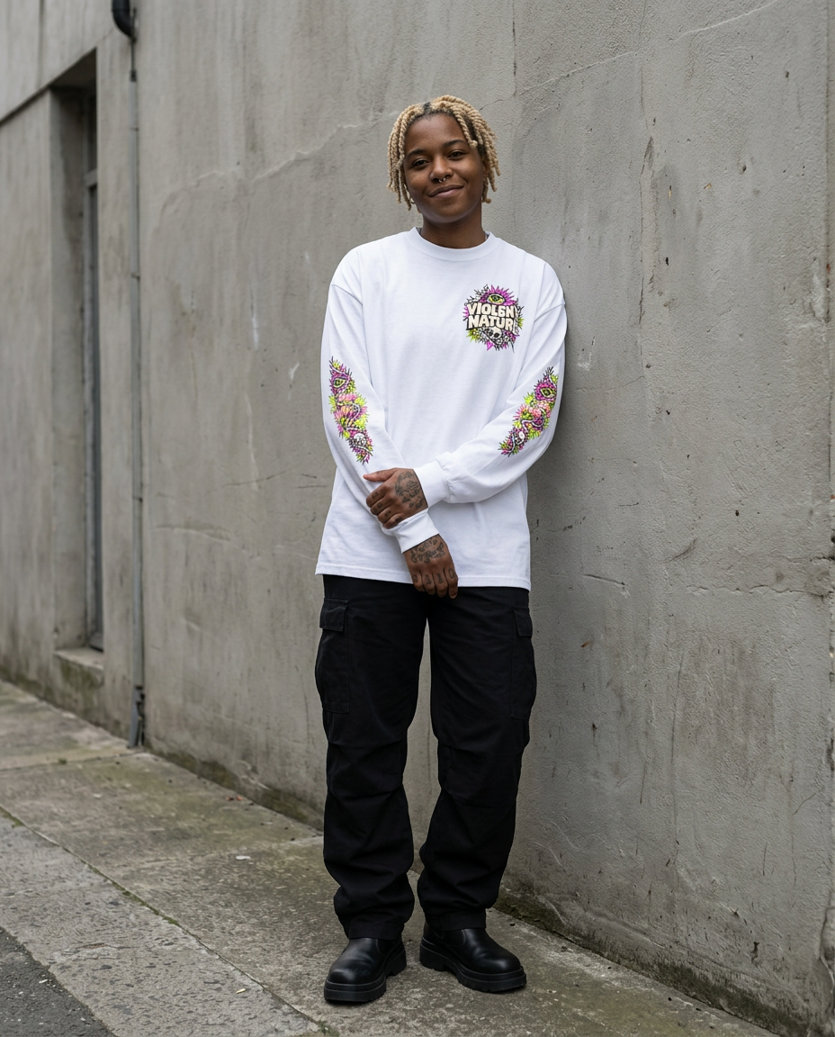 Non-binary person with bleached twists leaning on a concrete wall, showing the printed sleeves of the Violent Nature Oversized Long Sleeve T-Shirt