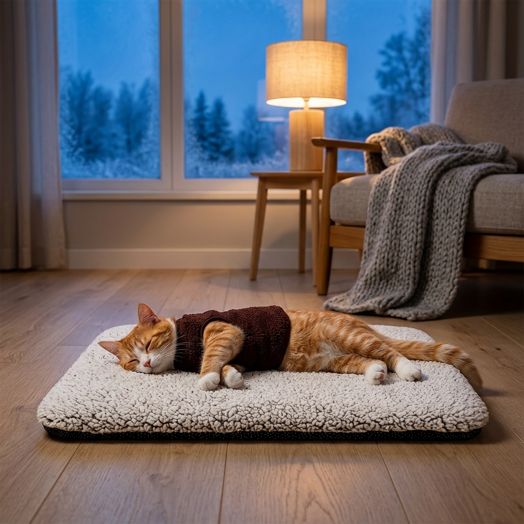 Ingefærfarvet kat sover på den selvvarmende måtte i en lun stue en mørk vinteraften