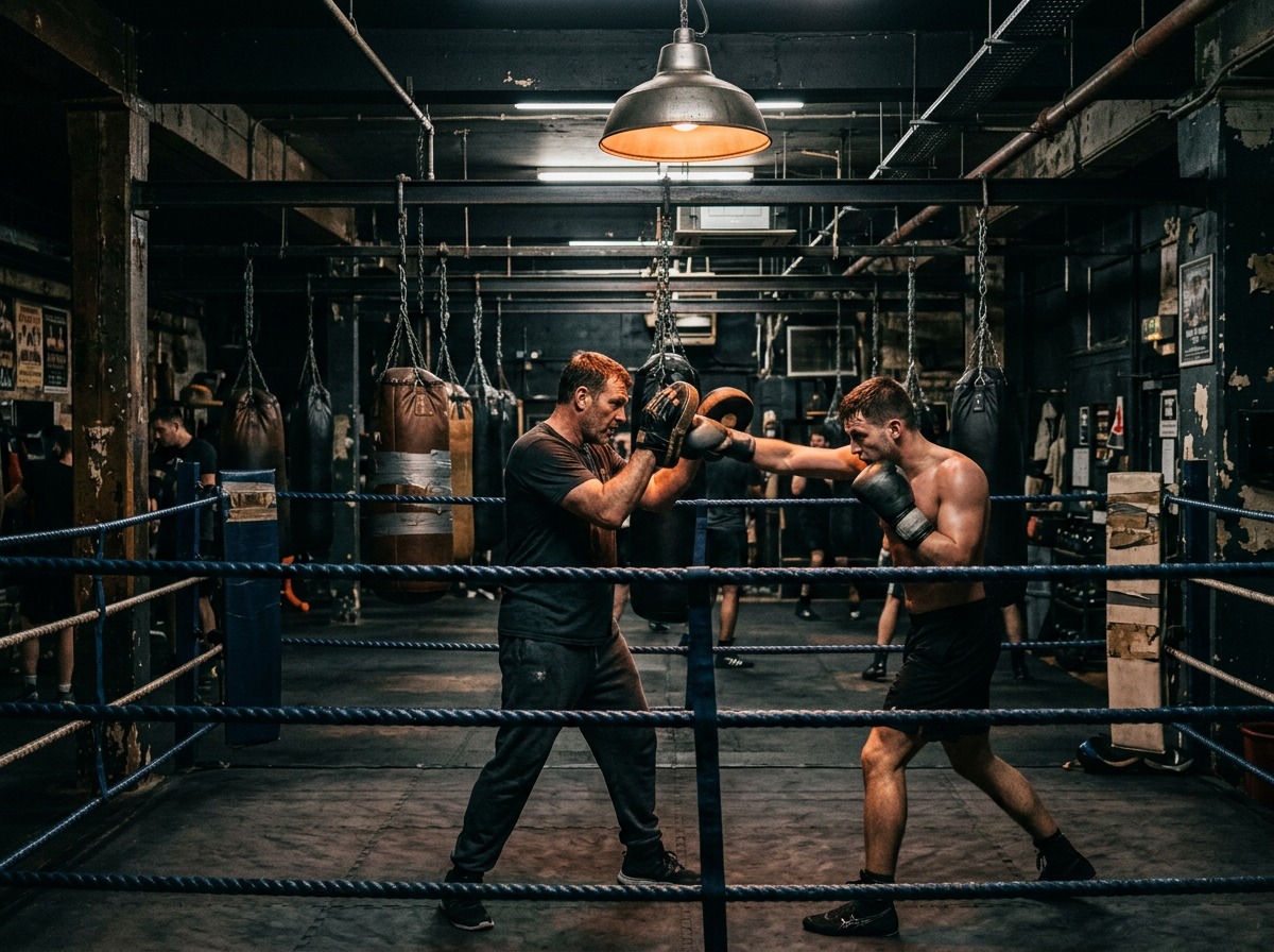 Boxers training on pads in a boxing club