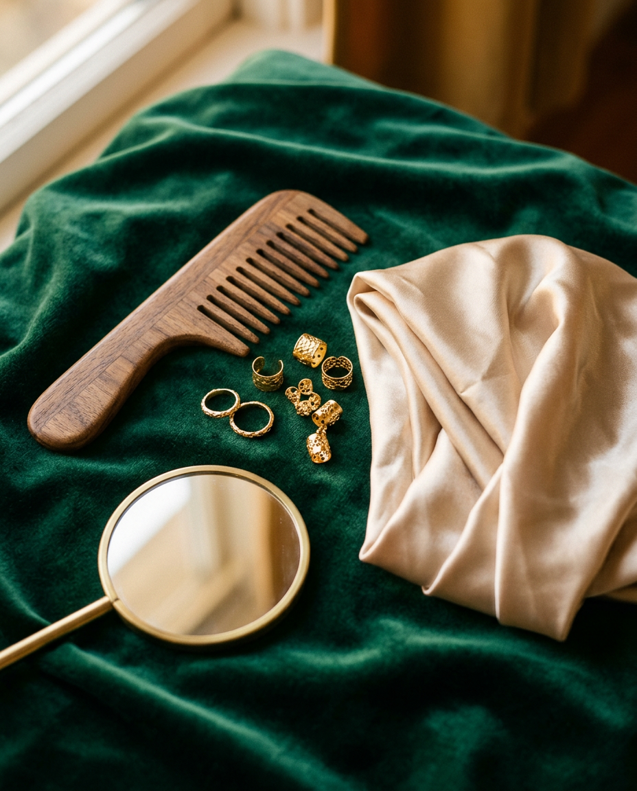 Wide-tooth comb, gold hair cuffs and a satin wrap on emerald velvet