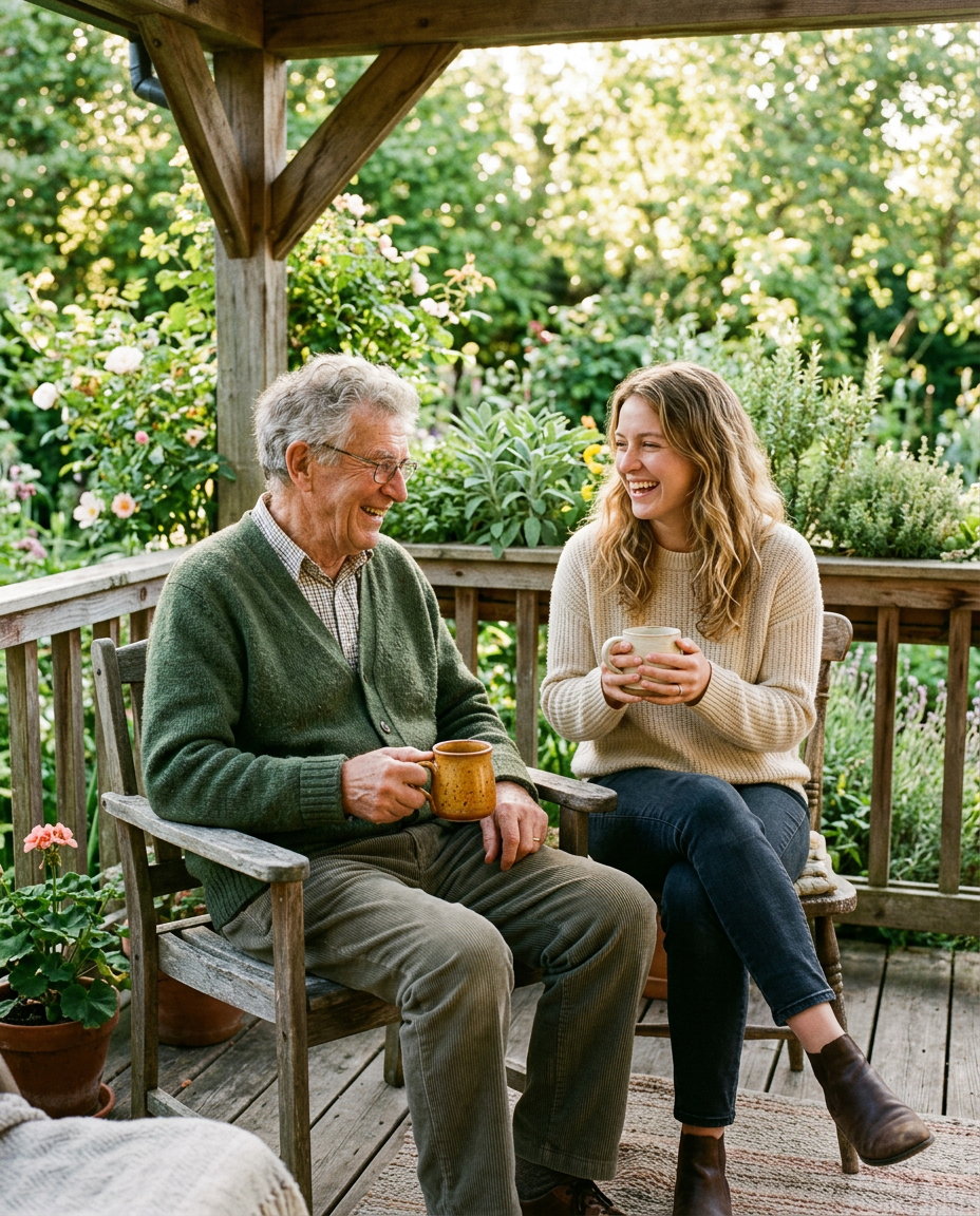 A grandfather laughing with his granddaughter over cups of tea on a garden porch