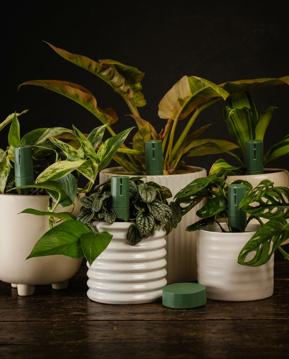 Houseplants in cream pots, each fitted with a moss-green Willow smart sensor, in dramatic low light