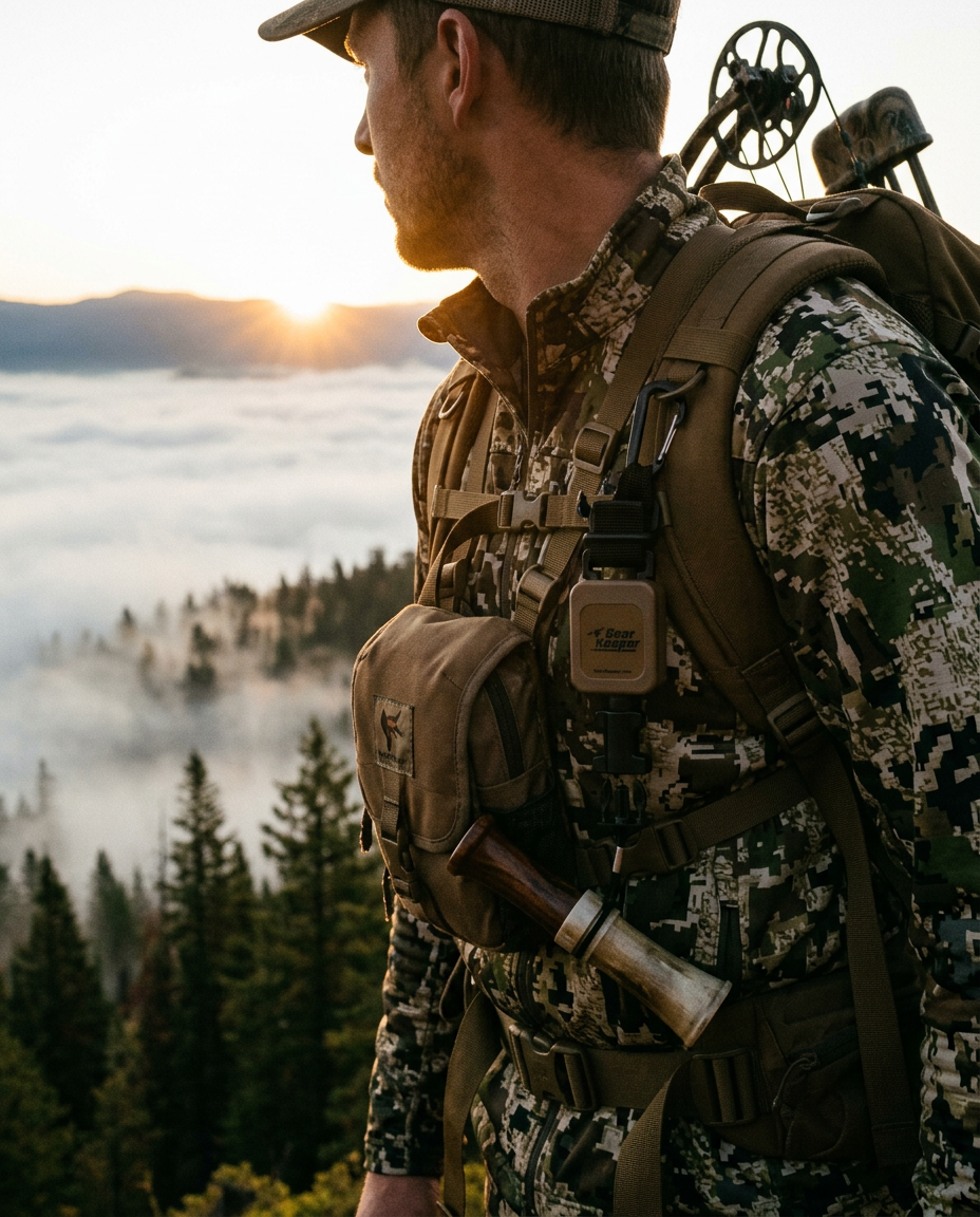 Elk hunter on a mountain ridge at dawn with a bugle call on a retractable lanyard