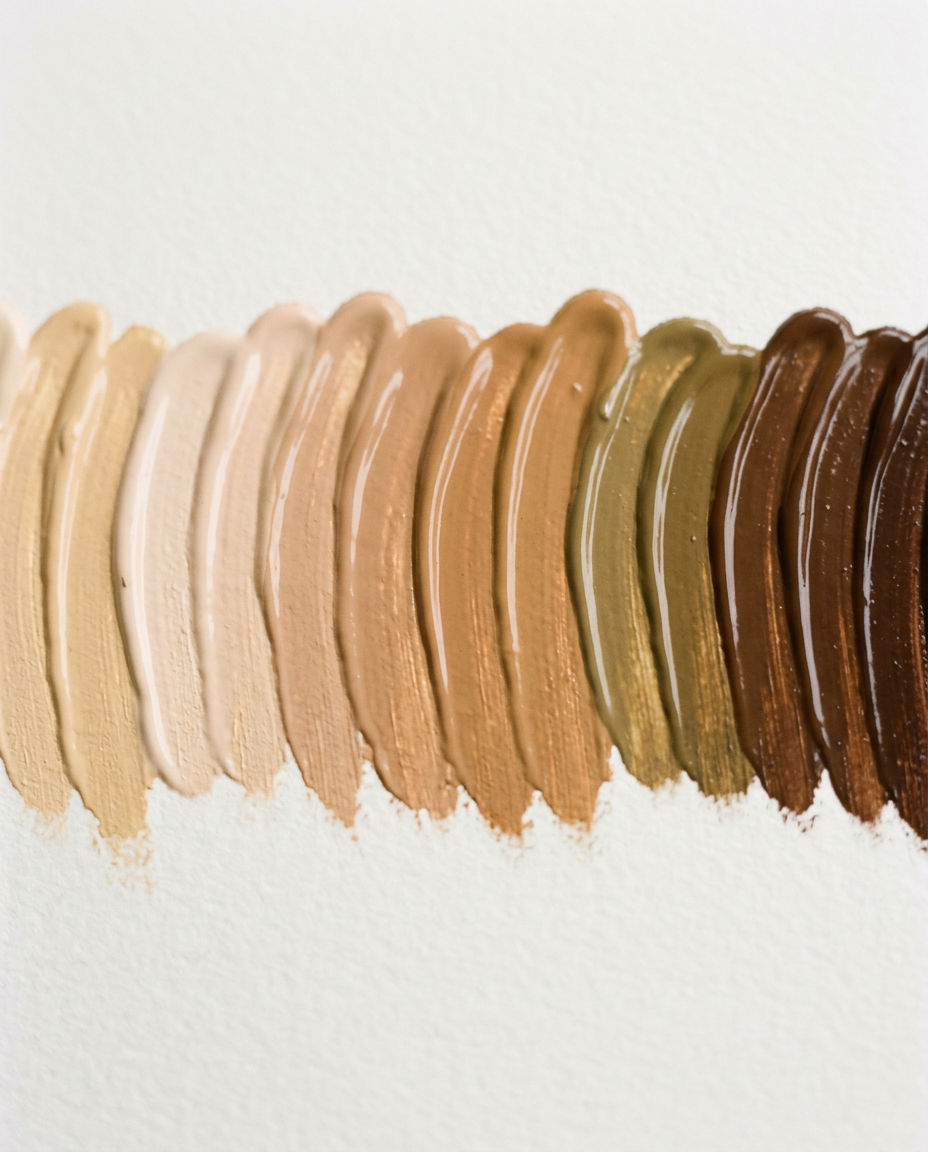 Foundation swatches in a wide range of shades from light golden to deep espresso