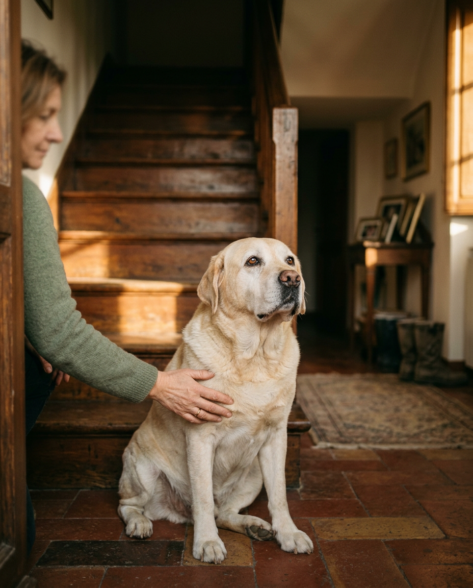 Un Labrador anziano dal muso un po' grigio seduto ai piedi delle scale di casa, nella luce calda del tramonto, mentre la sua padrona inginocchiata accanto gli appoggia una mano sul petto