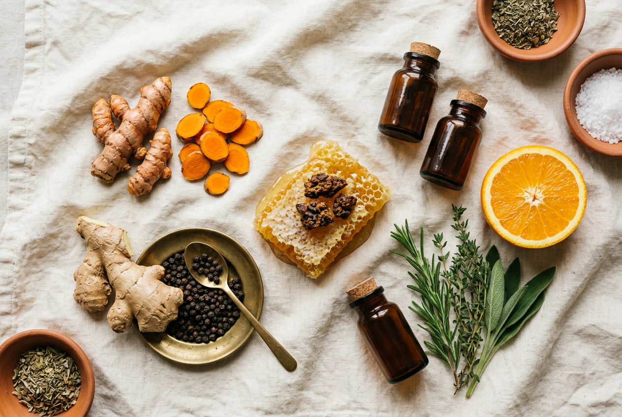 Fresh turmeric root, ginger, black peppercorns, honeycomb with bee propolis and orange on cream linen