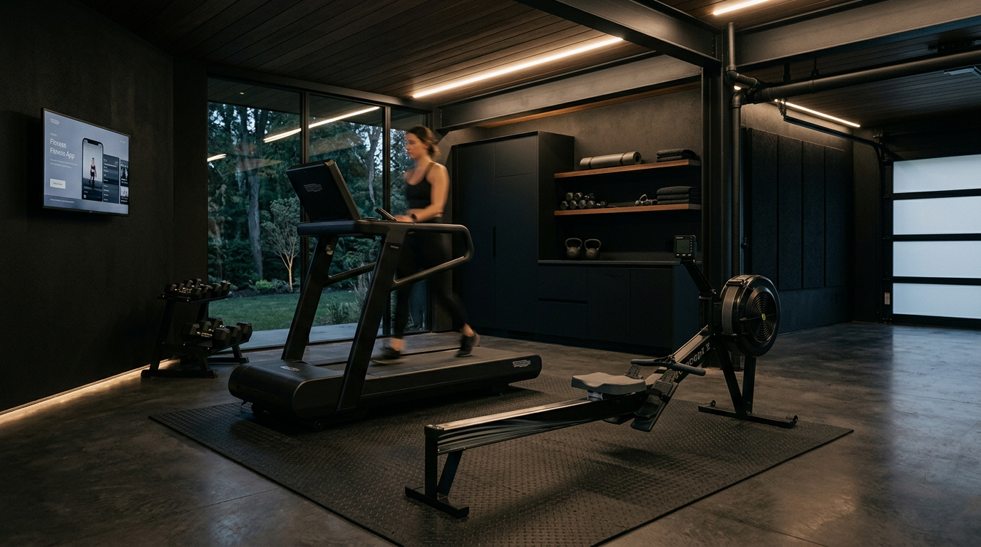 Minimal dark home gym with a commercial treadmill and rowing machine