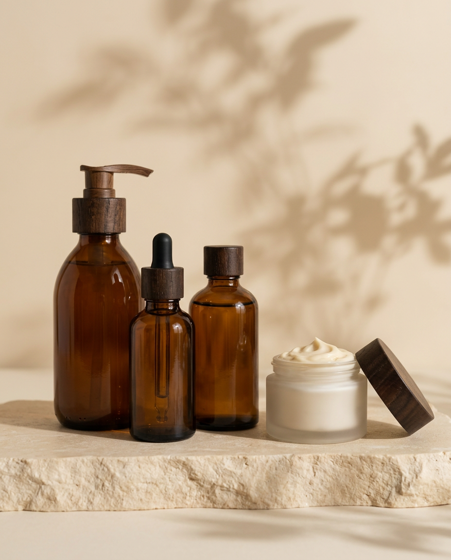 Unlabelled amber glass haircare bottles and a jar of cream