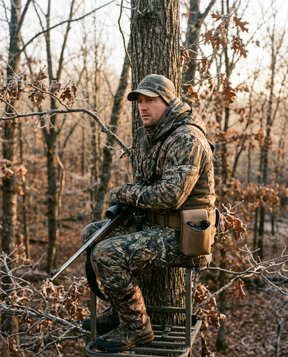 Whitetail hunter in a treestand with a rangefinder holster on his belt
