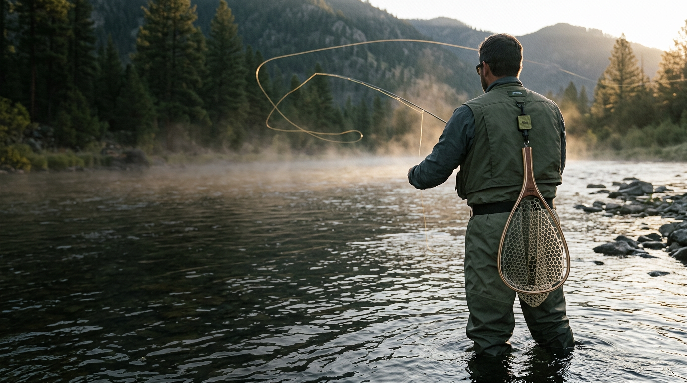 Fly angler mid-cast in a mountain river at first light, landing net hanging from a retractor on his back