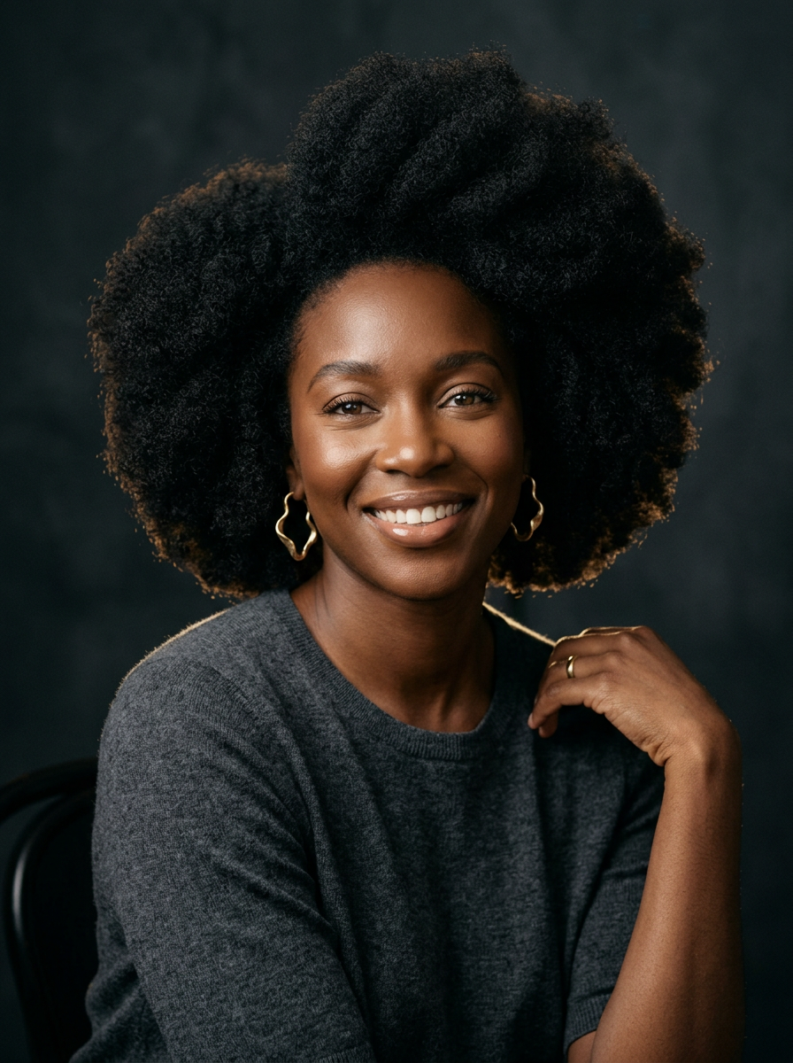 Editorial portrait of a smiling woman with a full natural afro and gold hoop earrings