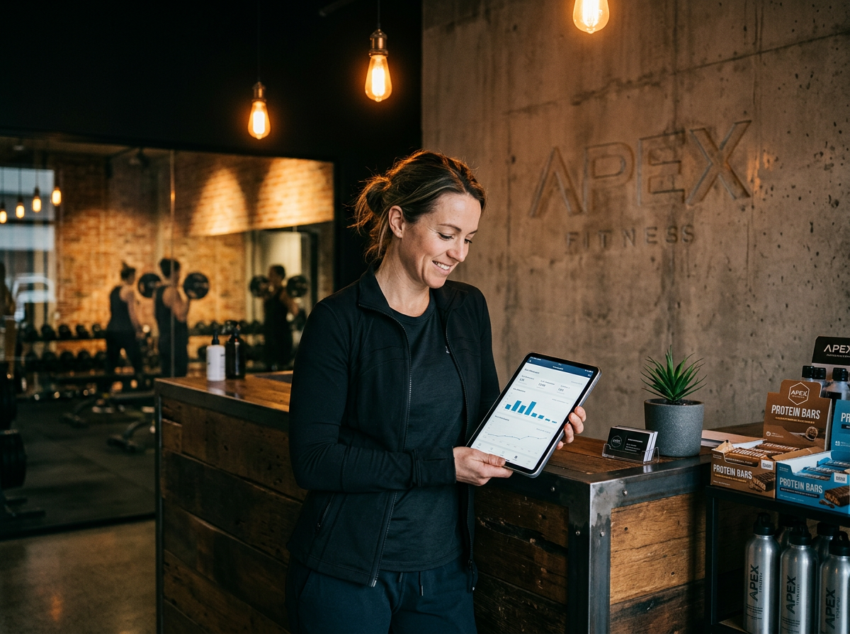 Relaxed gym owner checking a tablet dashboard at the reception desk