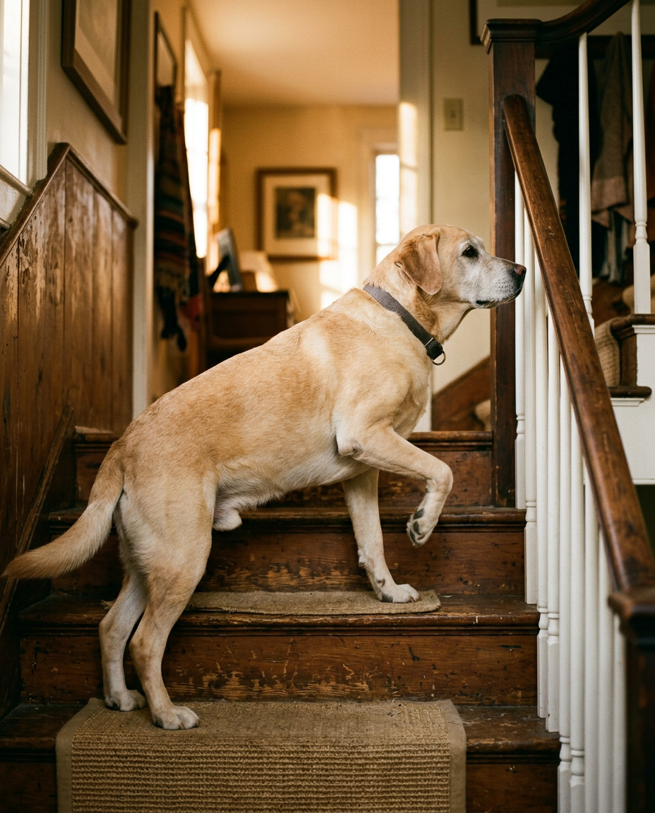 Dopo: lo stesso Labrador anziano sale con sicurezza le scale di legno di casa