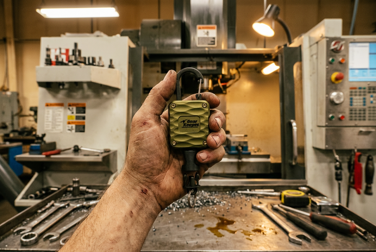 A machinist's work-worn hand holding a Gear Keeper Aluminum Super Zinger with its olive scalloped housing in front of a CNC mill in an American shop