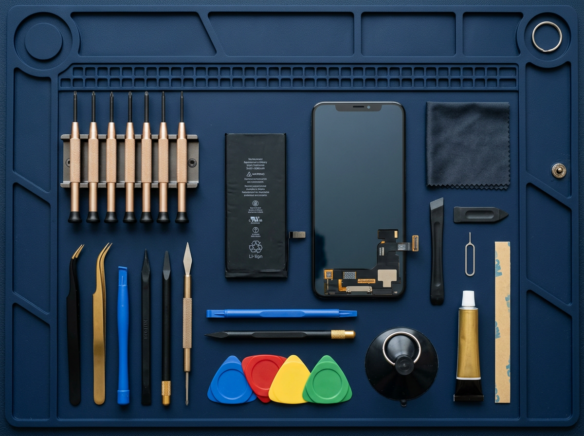 Professional phone repair tools laid out on a navy anti-static mat