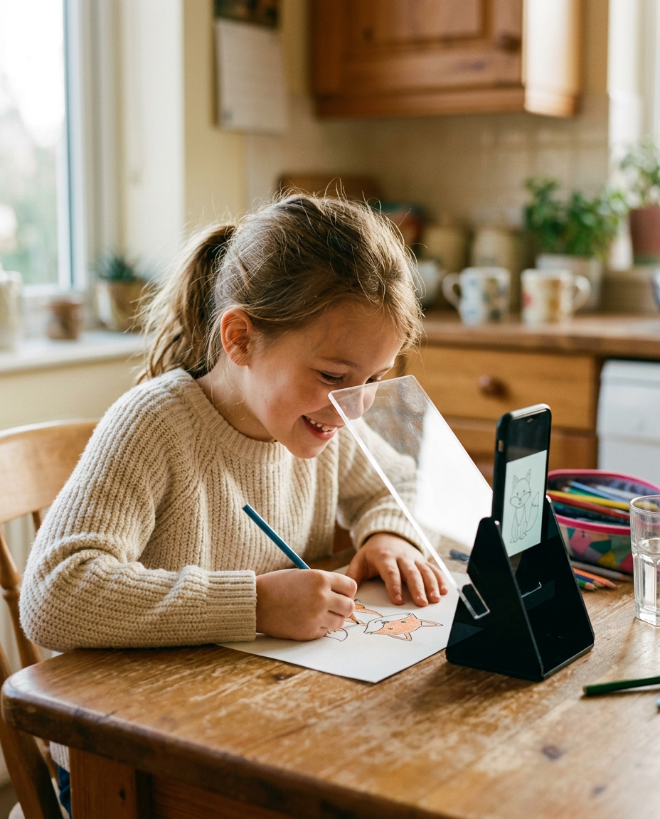 A child happily drawing a cartoon fox with the Orvello board at the kitchen table
