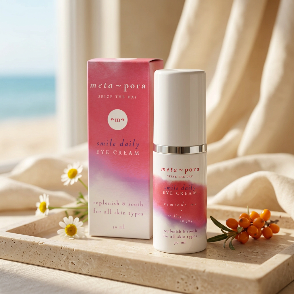 Smile Daily Eye Cream by Metapora Co., styled on stone and linen in a sunlit seaside spa