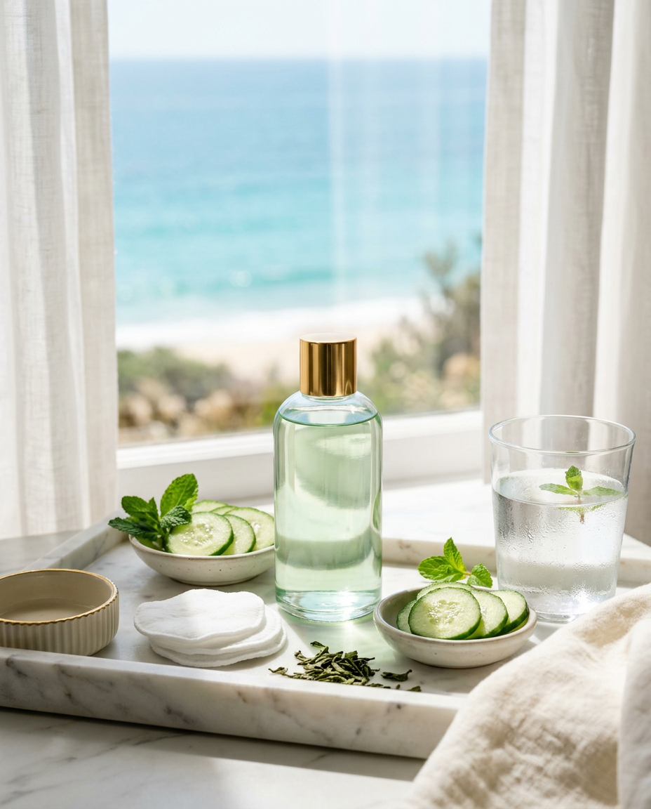 Clear glass toner bottle with gold cap and cotton pads on a marble tray with cucumber slices, mint and green tea leaves in bright sunlight