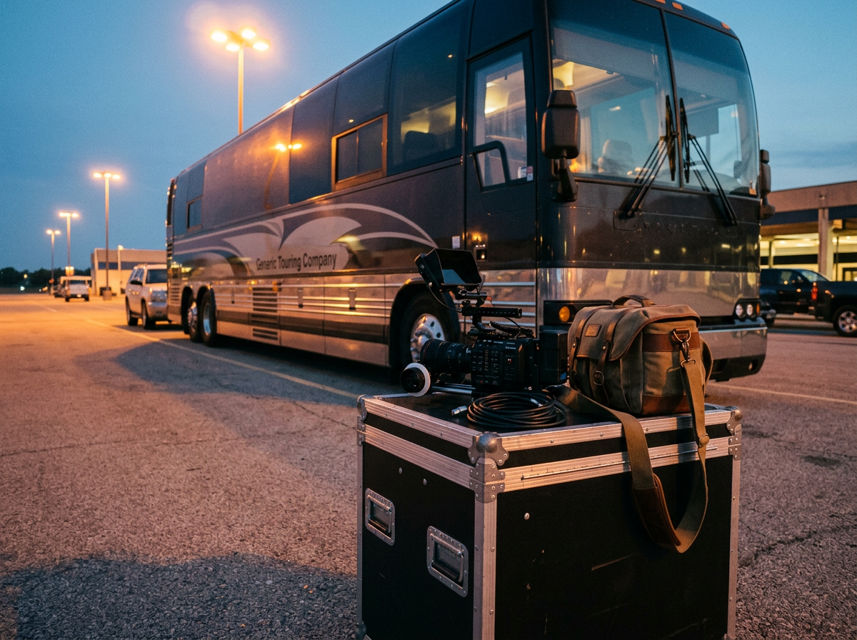 Cinema camera on a road case beside a tour bus at dusk