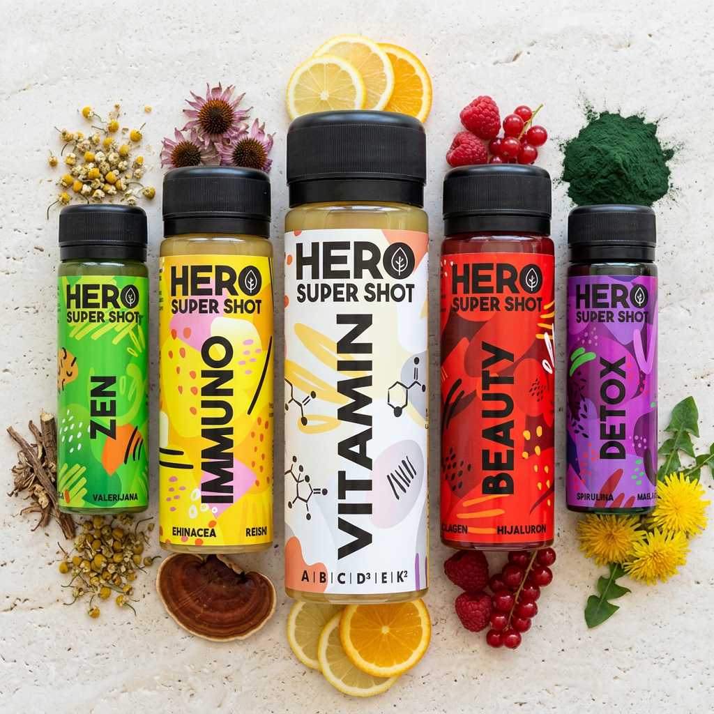 Pět shotů HERO Super Shot s valeriánou, echinaceou, reishi, citrusy, bobulemi a spirulinou