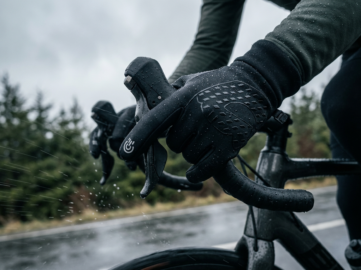 Water droplets beading on black thermal cycling gloves in cold drizzle