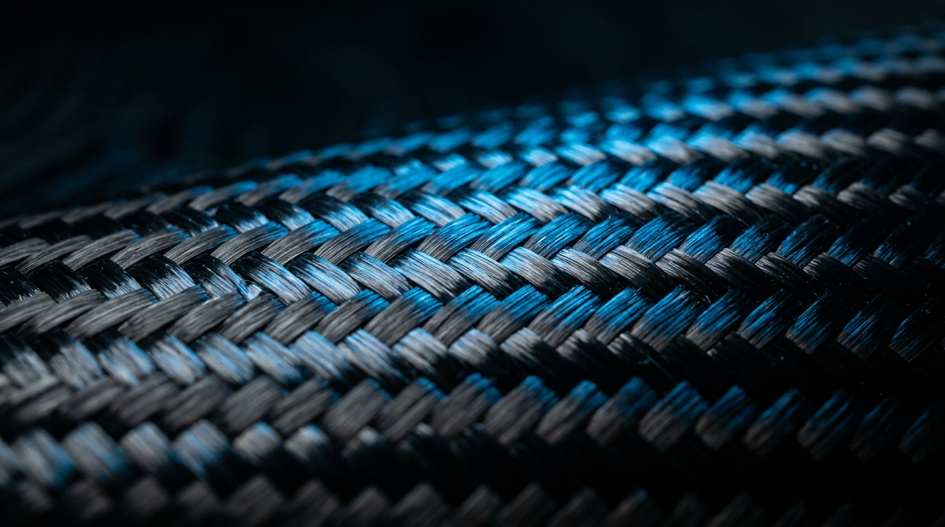 Macro view of glossy twill weave carbon fibre lit by a blue rim light