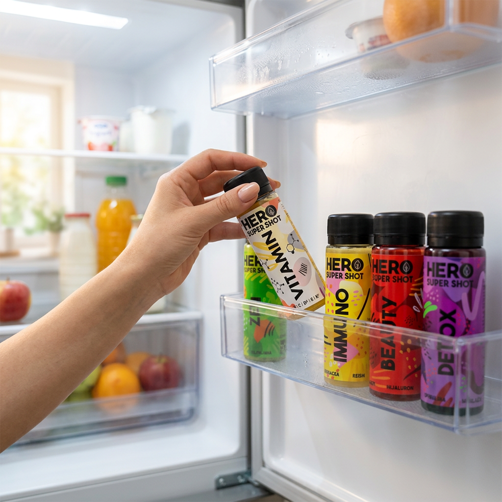 Ruka bere vychlazený shot HERO VITAMIN z dveří lednice