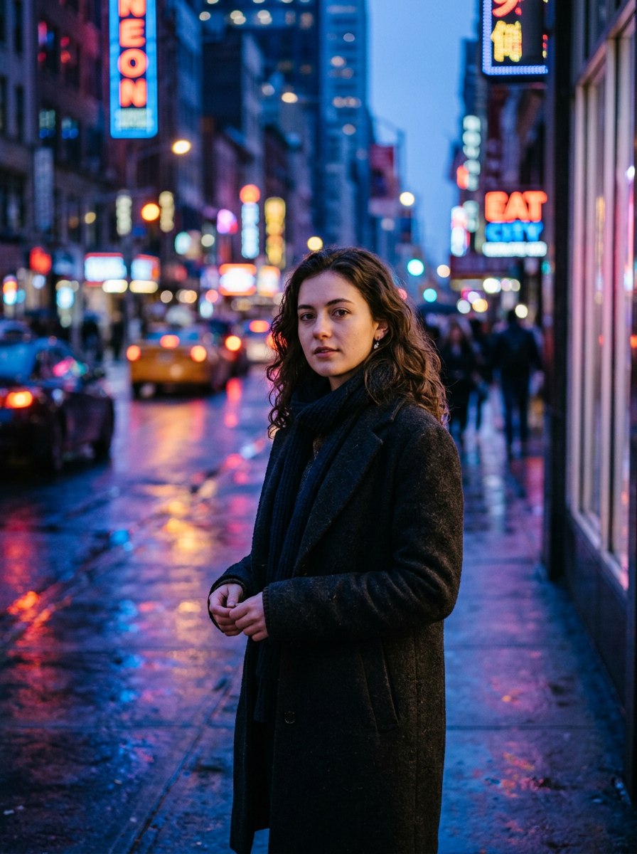 Street portrait at blue hour with neon reflections
