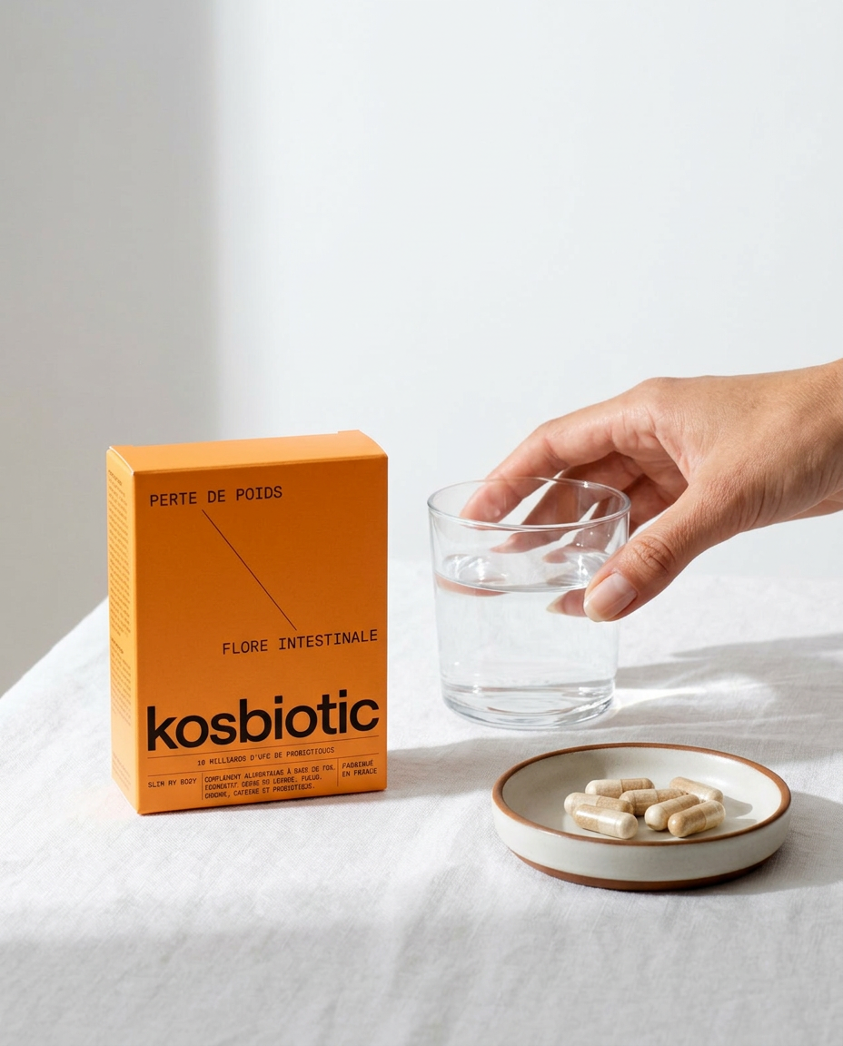 La boîte Slim My Body sur une table blanche, à côté d'un verre d'eau et de quelques gélules