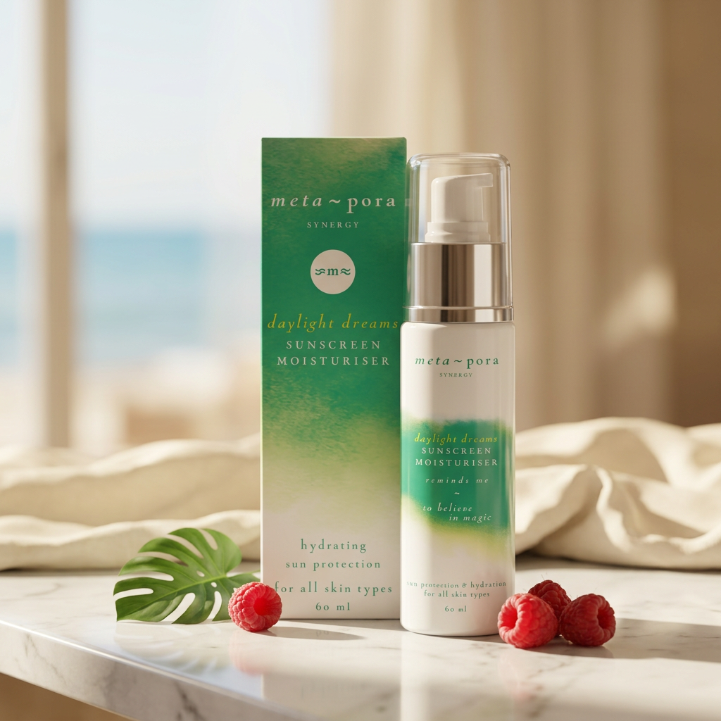 Daylight Dreams Sunscreen Moisturizer by Metapora Co., styled on stone and linen in a sunlit seaside spa