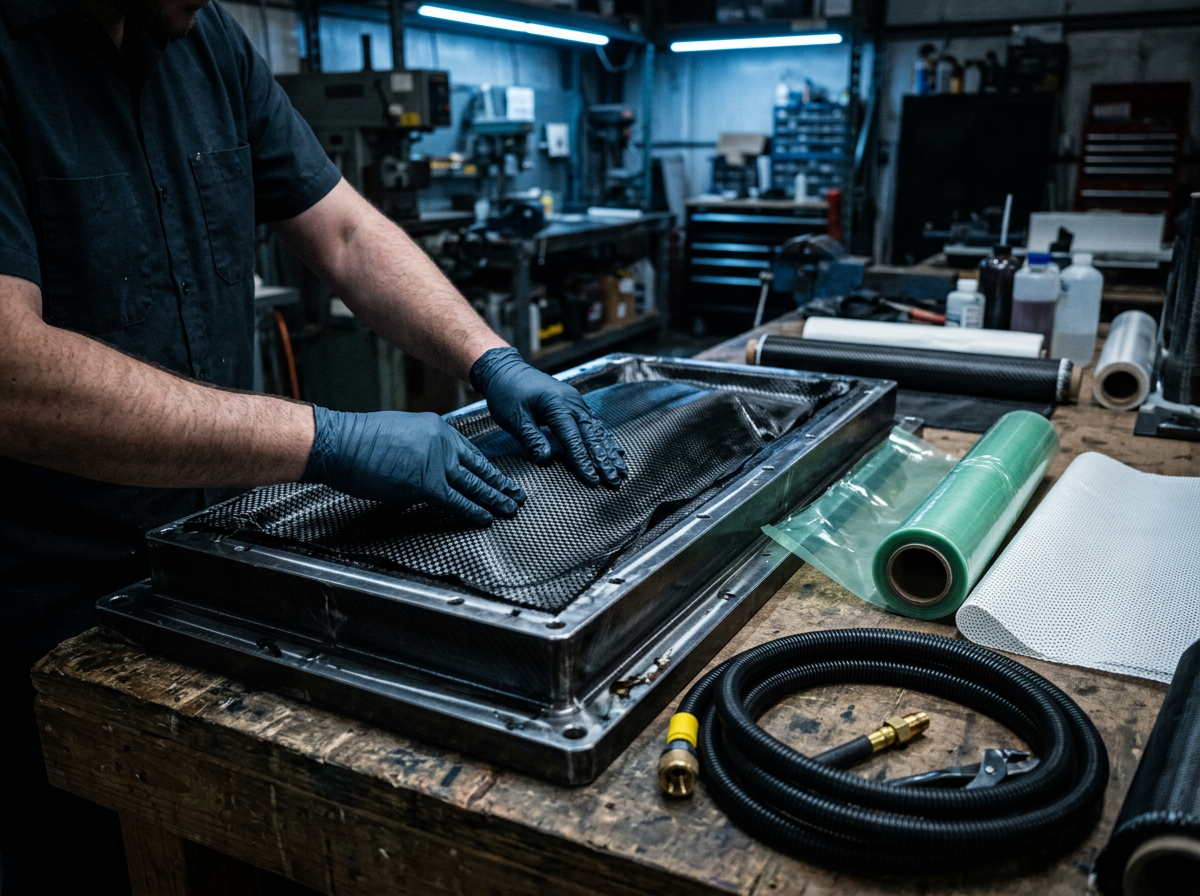 Gloved hands laying carbon fibre cloth into a mould beside vacuum bagging film