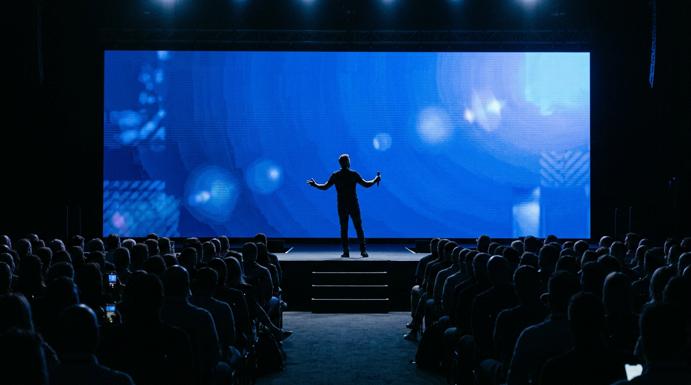 Speaker silhouetted on a conference stage with a blue screen