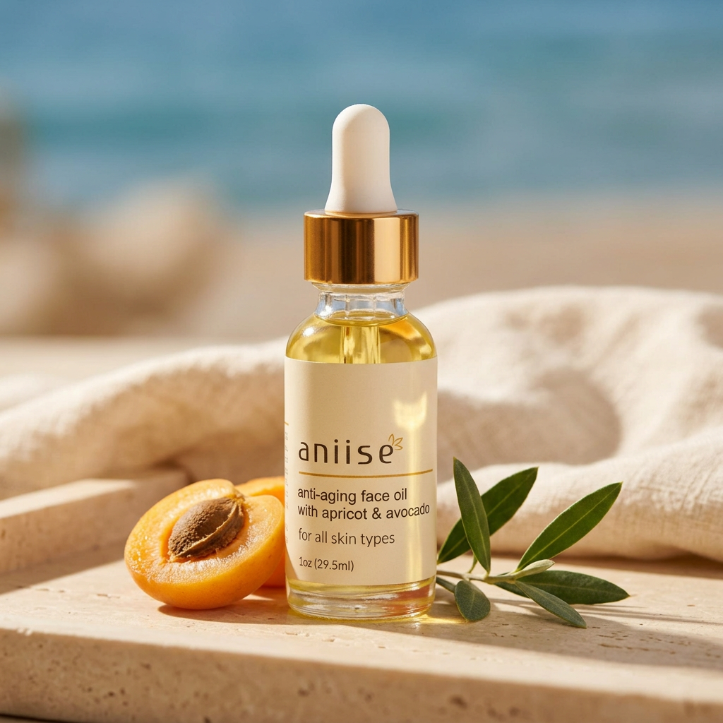 Anti–Aging Face Oil by aniise natural skin care, styled on stone and linen in a sunlit seaside spa