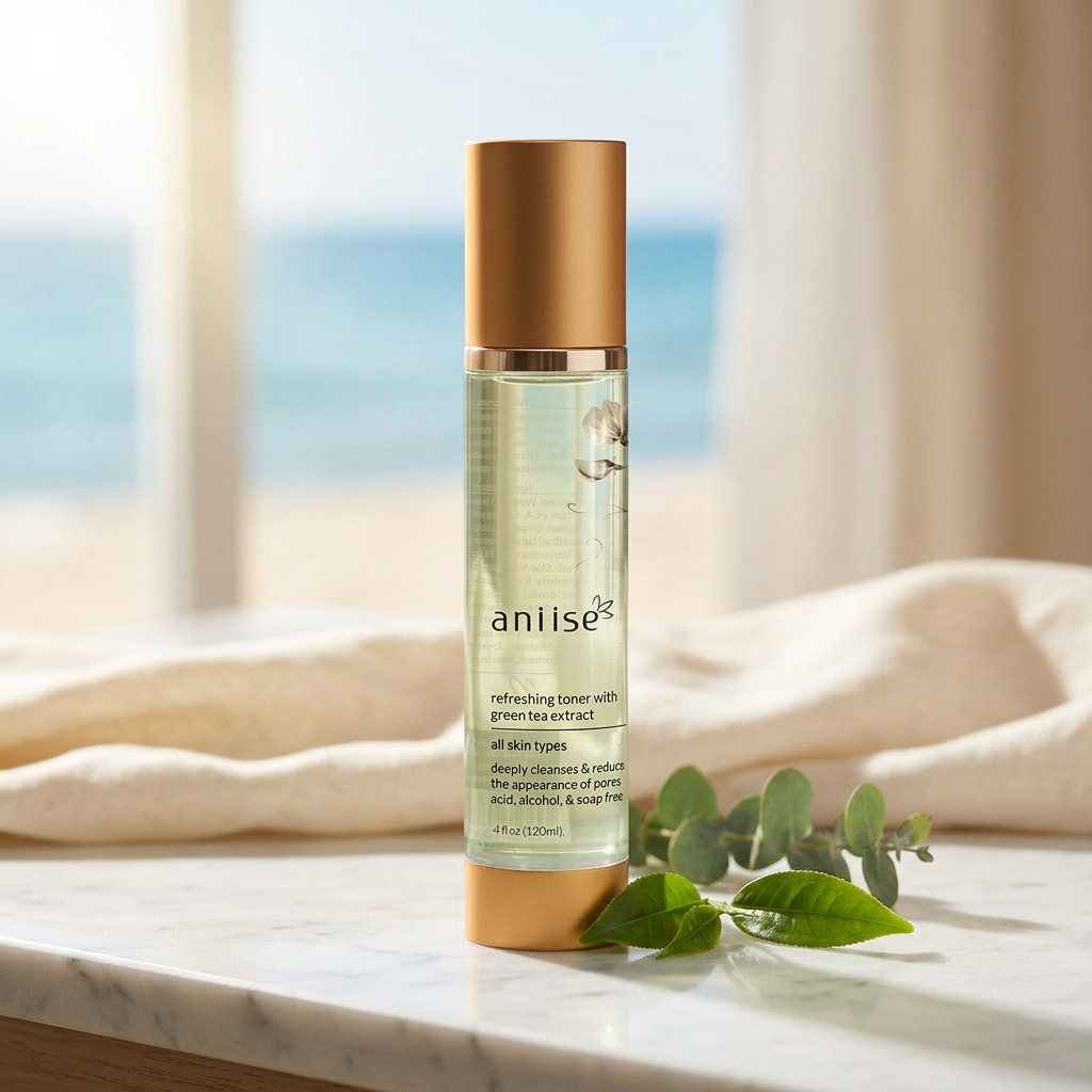 Refreshing Green Tea Extract Facial Toner by aniise natural skin care, styled on stone and linen in a sunlit seaside spa