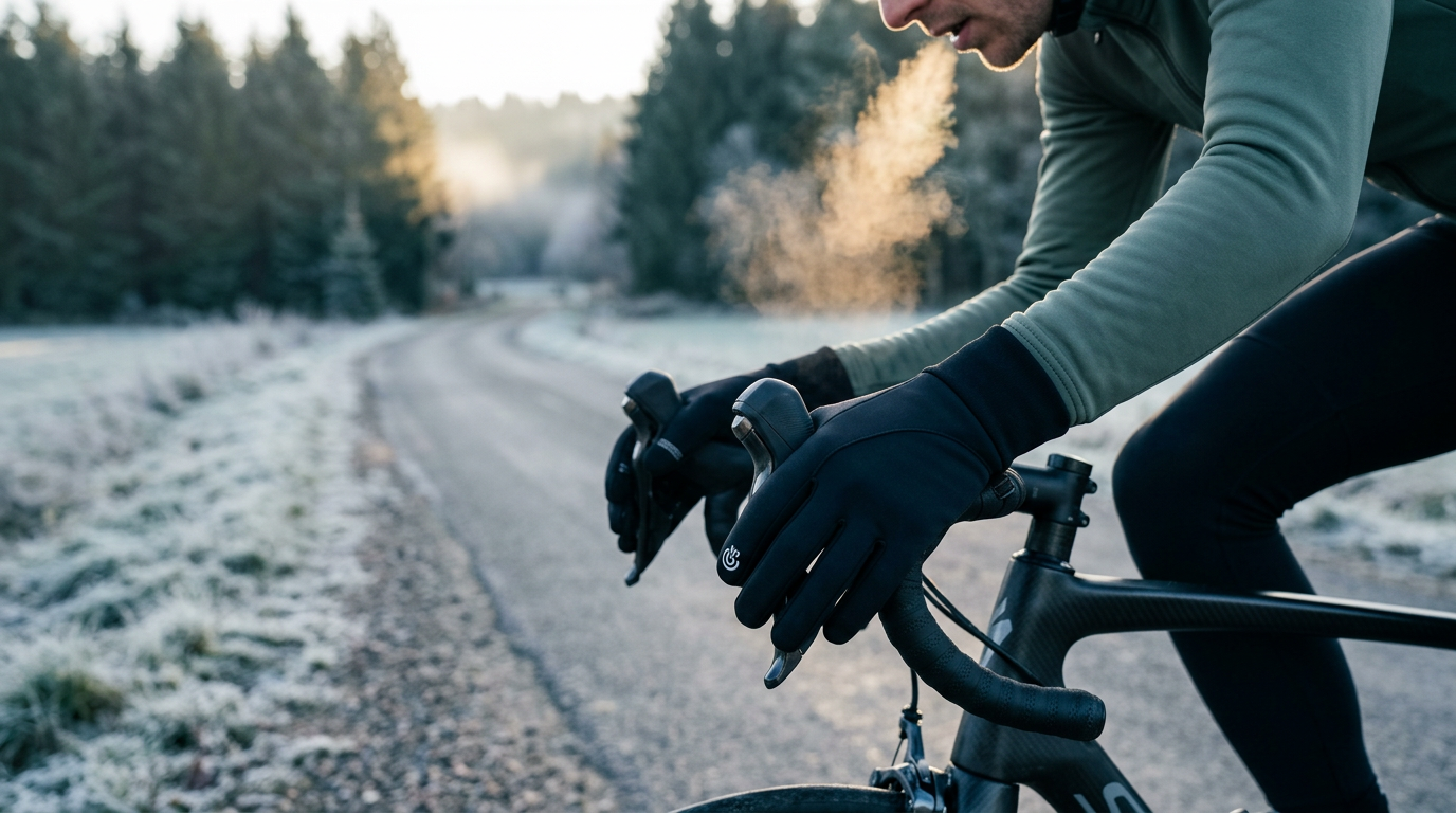 Cyclist wearing Sierna Thermo Gloves on a frosty winter morning ride