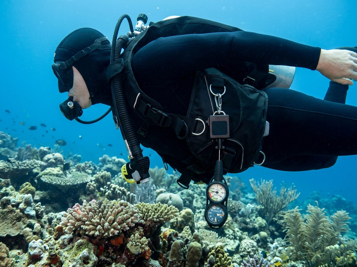Diver gliding over a coral reef with a Gear Keeper console retractor clipped to a D-ring on the BCD, holding the gauge console against the BC
